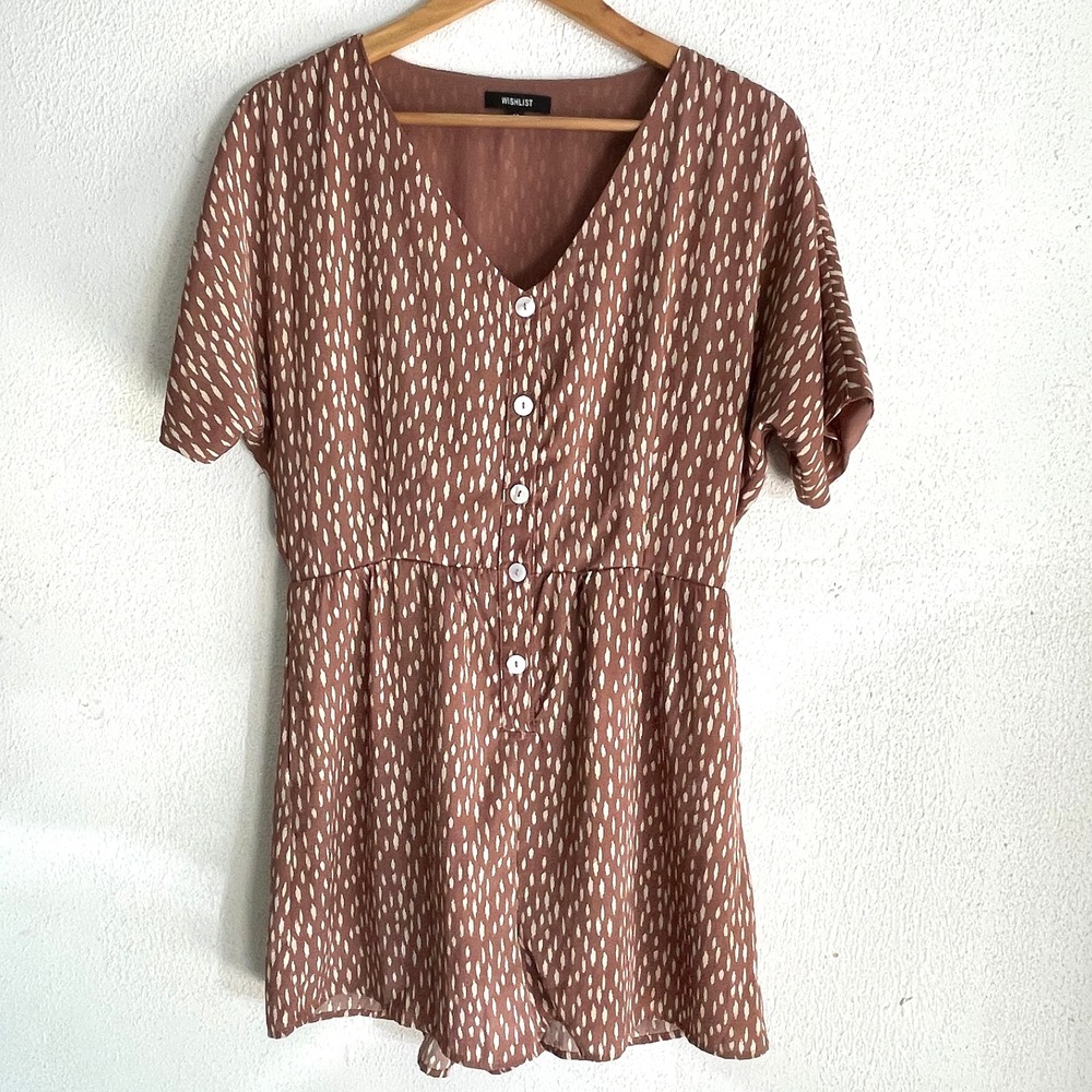 Wishlist Romper Womens M Dolman Sleeve Blush Brown Babydoll Dot Boho Cottagecore